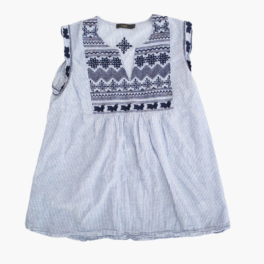 THML Embroidered Cotton Navy Blouse with light blue stripes